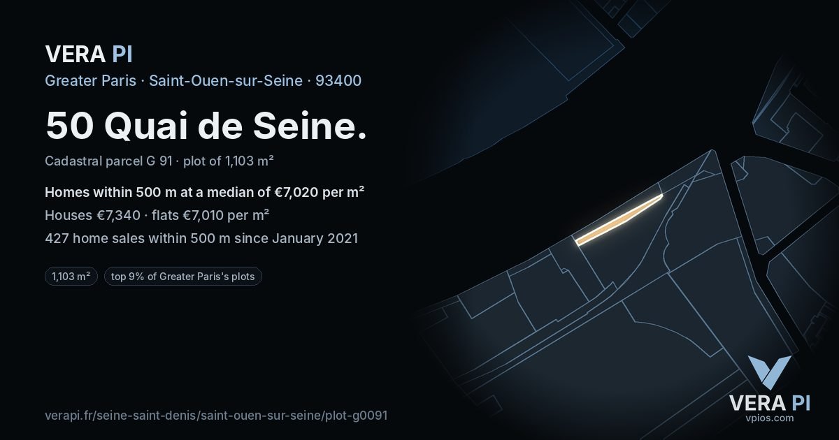 50 Quai de Seine, Saint-Ouen-sur-Seine at night – the plot lit, the parcels around coloured by the prices near them