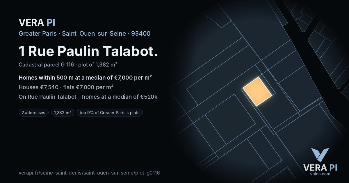 1 Rue Paulin Talabot, Saint-Ouen-sur-Seine at night – the plot lit, the parcels around coloured by the prices near them