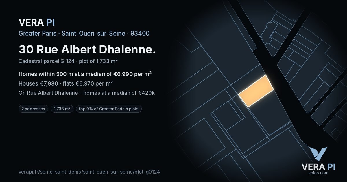 30 Rue Albert Dhalenne, Saint-Ouen-sur-Seine at night – the plot lit, the parcels around coloured by the prices near them