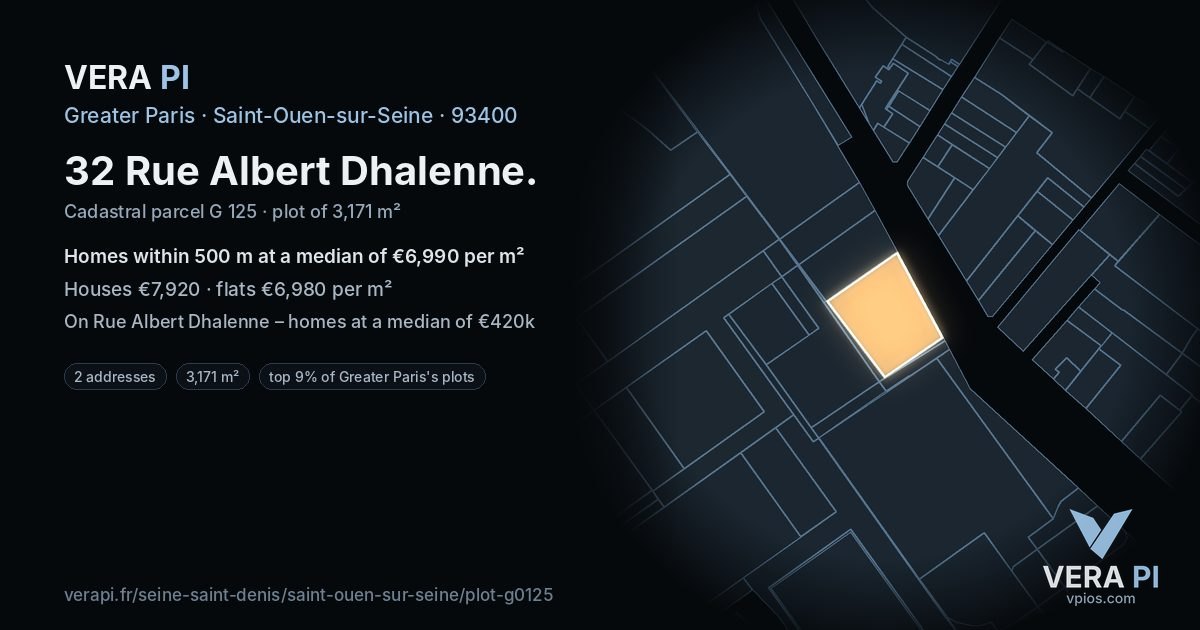 32 Rue Albert Dhalenne, Saint-Ouen-sur-Seine at night – the plot lit, the parcels around coloured by the prices near them