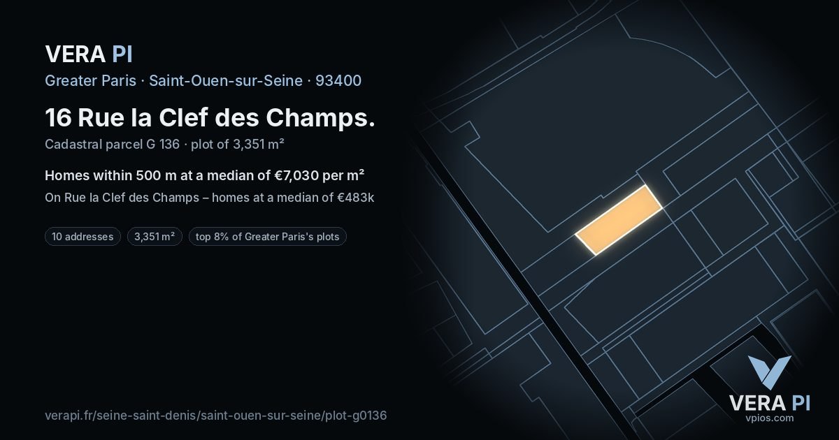 16 Rue la Clef des Champs, Saint-Ouen-sur-Seine at night – the plot lit, the parcels around coloured by the prices near them
