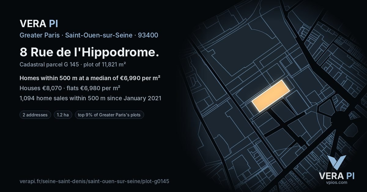 8 Rue de l'Hippodrome, Saint-Ouen-sur-Seine at night – the plot lit, the parcels around coloured by the prices near them