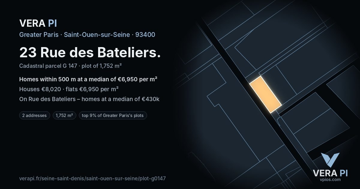 23 Rue des Bateliers, Saint-Ouen-sur-Seine at night – the plot lit, the parcels around coloured by the prices near them