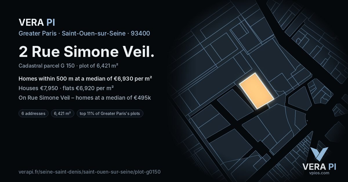2 Rue Simone Veil, Saint-Ouen-sur-Seine at night – the plot lit, the parcels around coloured by the prices near them