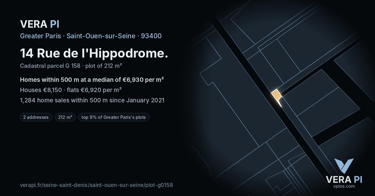 14 Rue de l'Hippodrome, Saint-Ouen-sur-Seine at night – the plot lit, the parcels around coloured by the prices near them