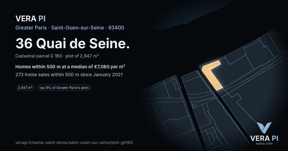 36 Quai de Seine, Saint-Ouen-sur-Seine at night – the plot lit, the parcels around coloured by the prices near them