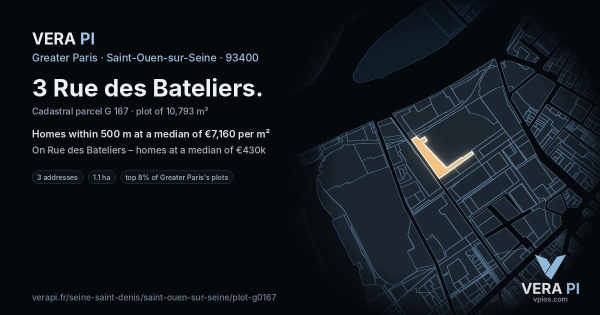3 Rue des Bateliers, Saint-Ouen-sur-Seine at night – the plot lit, the parcels around coloured by the prices near them