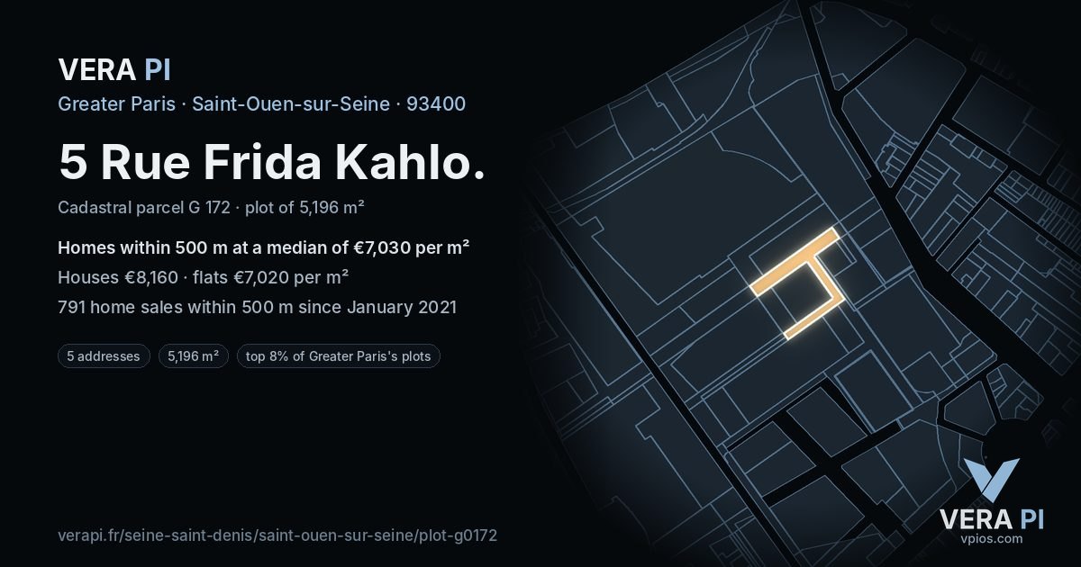 5 Rue Frida Kahlo, Saint-Ouen-sur-Seine at night – the plot lit, the parcels around coloured by the prices near them