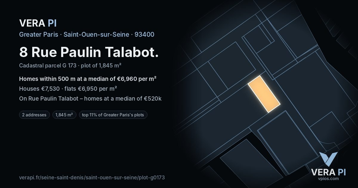 8 Rue Paulin Talabot, Saint-Ouen-sur-Seine at night – the plot lit, the parcels around coloured by the prices near them