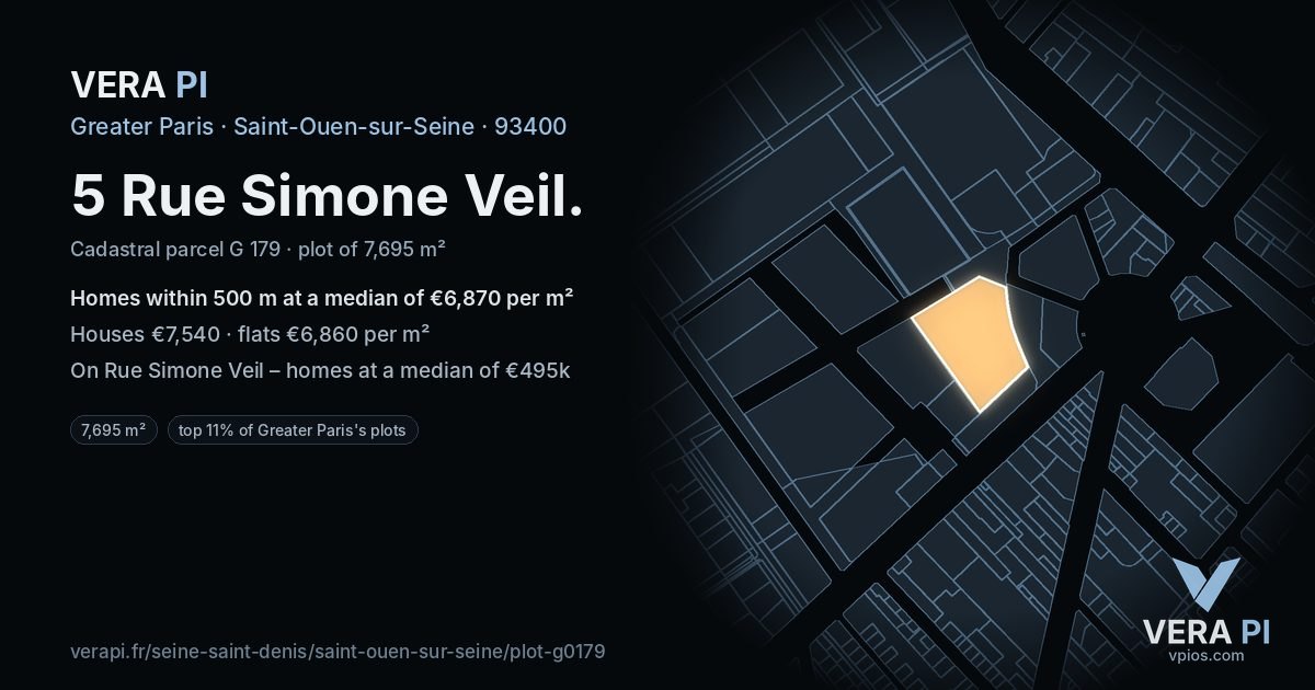 5 Rue Simone Veil, Saint-Ouen-sur-Seine at night – the plot lit, the parcels around coloured by the prices near them