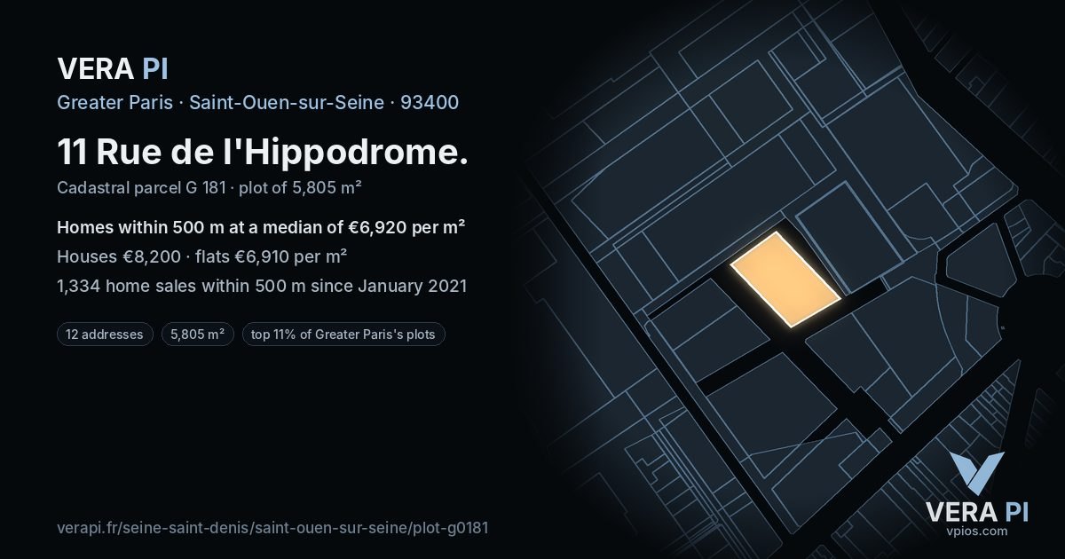 11 Rue de l'Hippodrome, Saint-Ouen-sur-Seine at night – the plot lit, the parcels around coloured by the prices near them