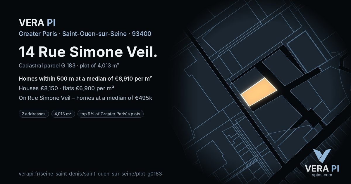 14 Rue Simone Veil, Saint-Ouen-sur-Seine at night – the plot lit, the parcels around coloured by the prices near them