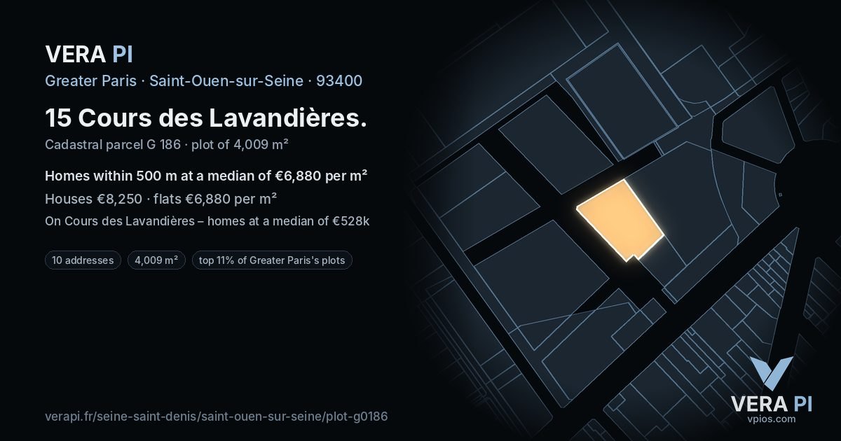 15 Cours des Lavandières, Saint-Ouen-sur-Seine at night – the plot lit, the parcels around coloured by the prices near them