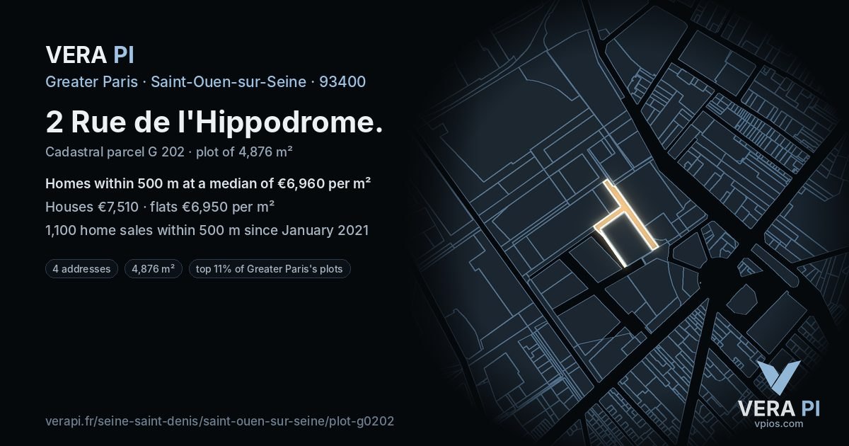 2 Rue de l'Hippodrome, Saint-Ouen-sur-Seine at night – the plot lit, the parcels around coloured by the prices near them