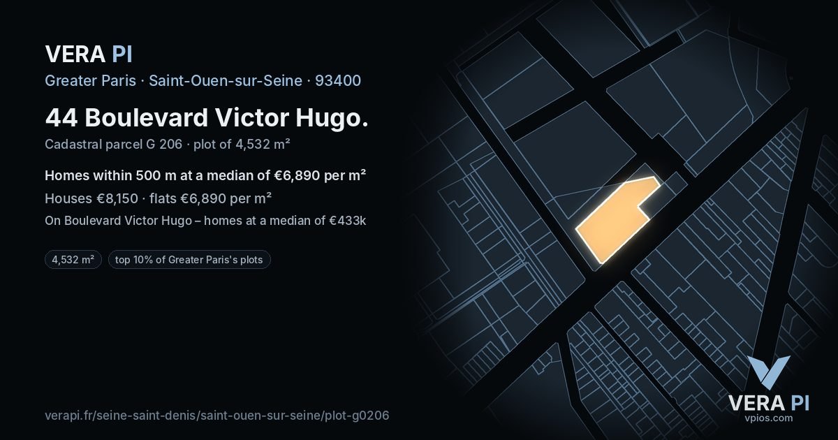 44 Boulevard Victor Hugo, Saint-Ouen-sur-Seine at night – the plot lit, the parcels around coloured by the prices near them