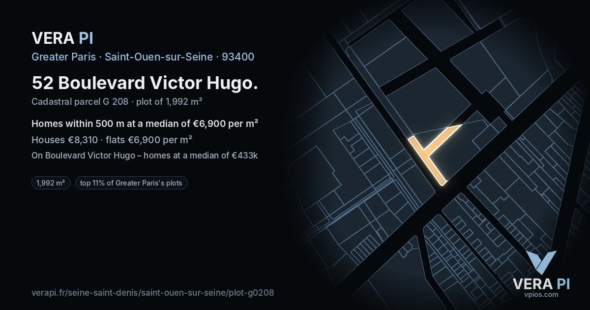 52 Boulevard Victor Hugo, Saint-Ouen-sur-Seine at night – the plot lit, the parcels around coloured by the prices near them
