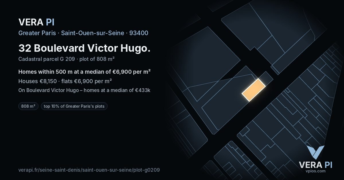 32 Boulevard Victor Hugo, Saint-Ouen-sur-Seine at night – the plot lit, the parcels around coloured by the prices near them