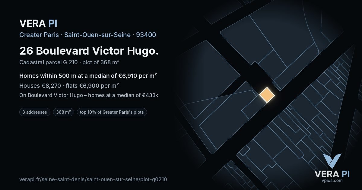 26 Boulevard Victor Hugo, Saint-Ouen-sur-Seine at night – the plot lit, the parcels around coloured by the prices near them