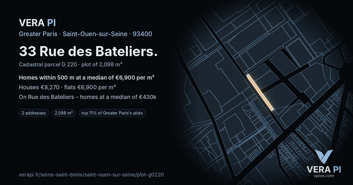 33 Rue des Bateliers, Saint-Ouen-sur-Seine at night – the plot lit, the parcels around coloured by the prices near them