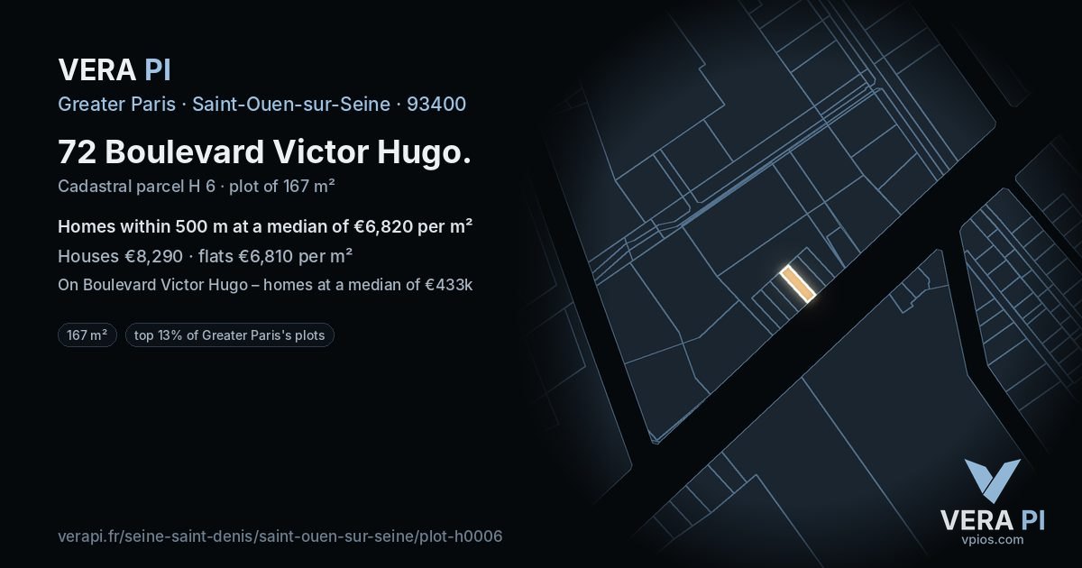 72 Boulevard Victor Hugo, Saint-Ouen-sur-Seine at night – the plot lit, the parcels around coloured by the prices near them