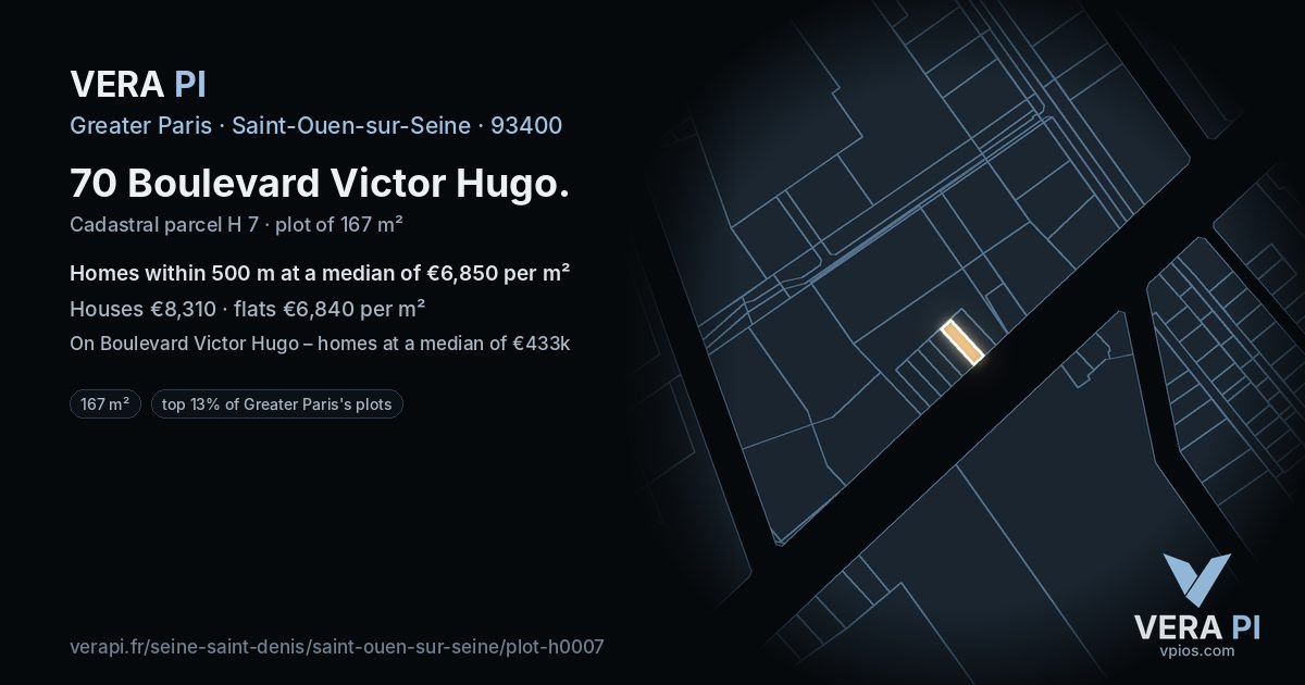 70 Boulevard Victor Hugo, Saint-Ouen-sur-Seine at night – the plot lit, the parcels around coloured by the prices near them