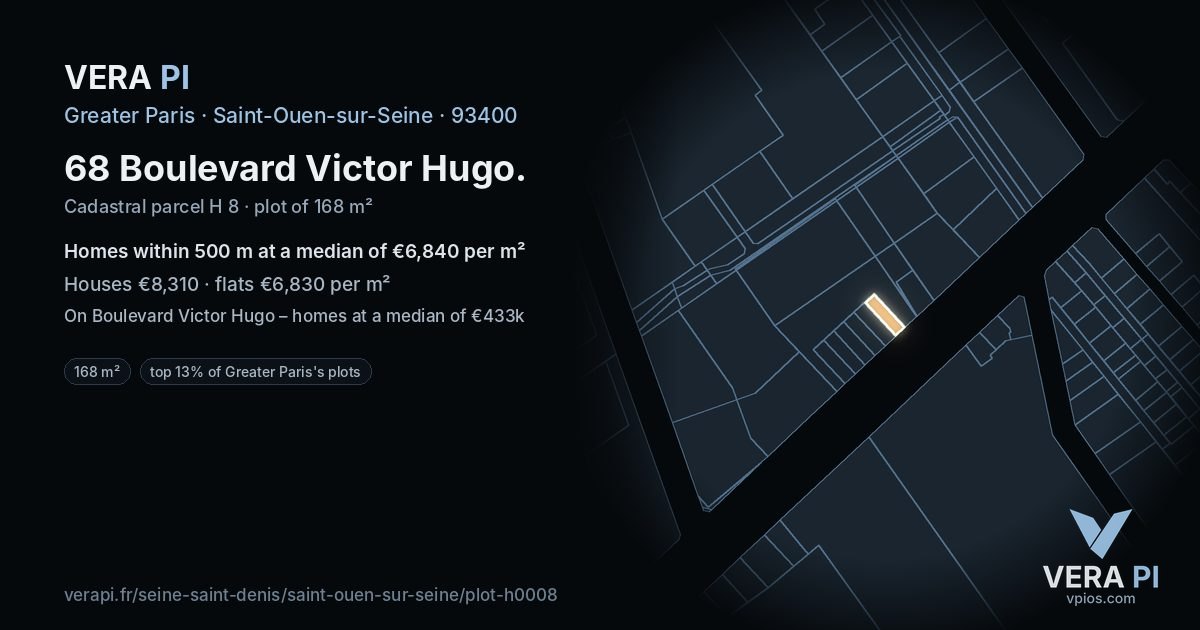 68 Boulevard Victor Hugo, Saint-Ouen-sur-Seine at night – the plot lit, the parcels around coloured by the prices near them