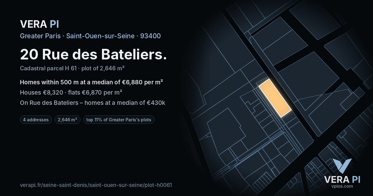 20 Rue des Bateliers, Saint-Ouen-sur-Seine at night – the plot lit, the parcels around coloured by the prices near them