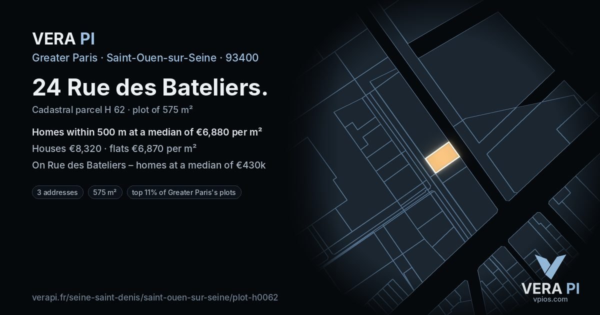 24 Rue des Bateliers, Saint-Ouen-sur-Seine at night – the plot lit, the parcels around coloured by the prices near them