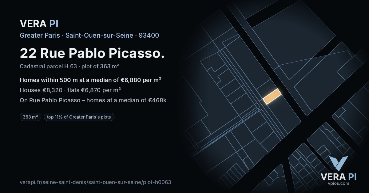 22 Rue Pablo Picasso, Saint-Ouen-sur-Seine at night – the plot lit, the parcels around coloured by the prices near them
