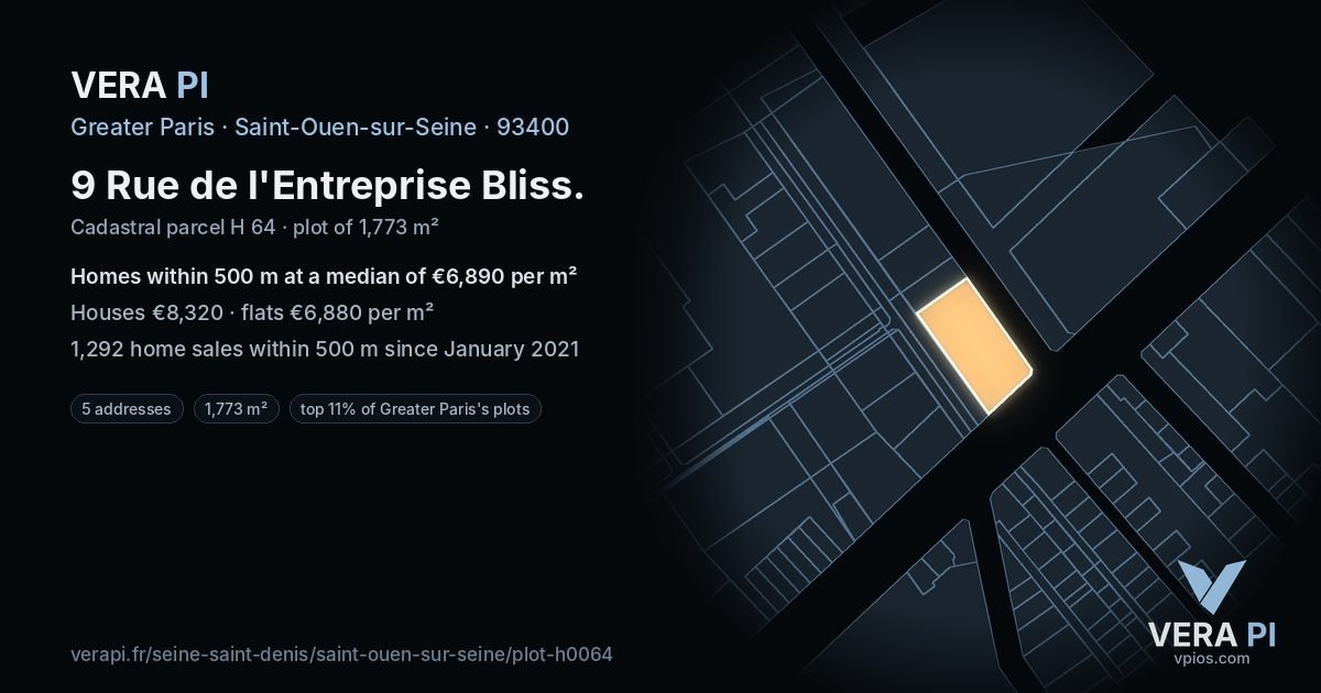 9 Rue de l'Entreprise Bliss, Saint-Ouen-sur-Seine at night – the plot lit, the parcels around coloured by the prices near them