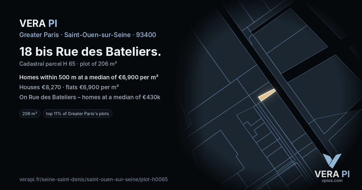 18 bis Rue des Bateliers, Saint-Ouen-sur-Seine at night – the plot lit, the parcels around coloured by the prices near them
