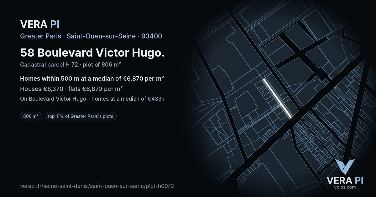 58 Boulevard Victor Hugo, Saint-Ouen-sur-Seine at night – the plot lit, the parcels around coloured by the prices near them