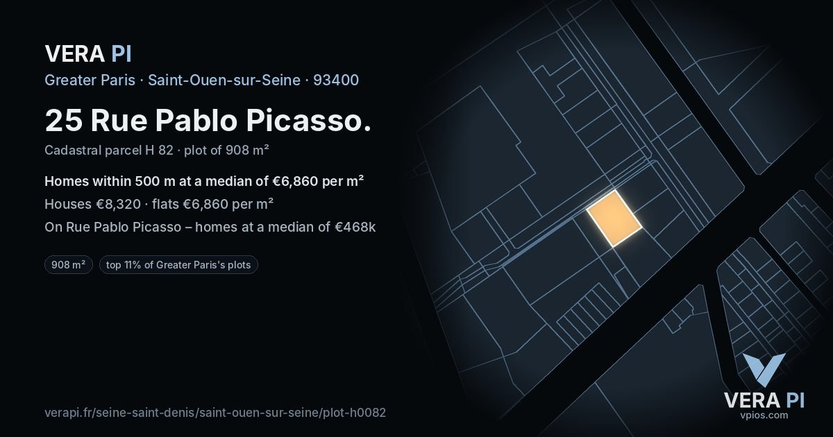25 Rue Pablo Picasso, Saint-Ouen-sur-Seine at night – the plot lit, the parcels around coloured by the prices near them