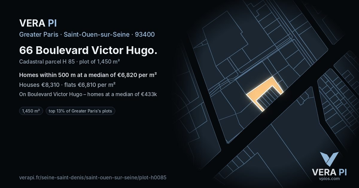 66 Boulevard Victor Hugo, Saint-Ouen-sur-Seine at night – the plot lit, the parcels around coloured by the prices near them