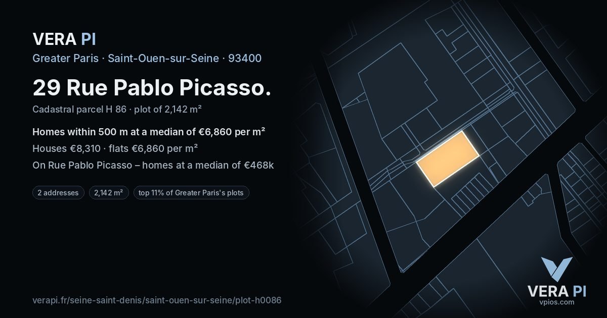 29 Rue Pablo Picasso, Saint-Ouen-sur-Seine at night – the plot lit, the parcels around coloured by the prices near them