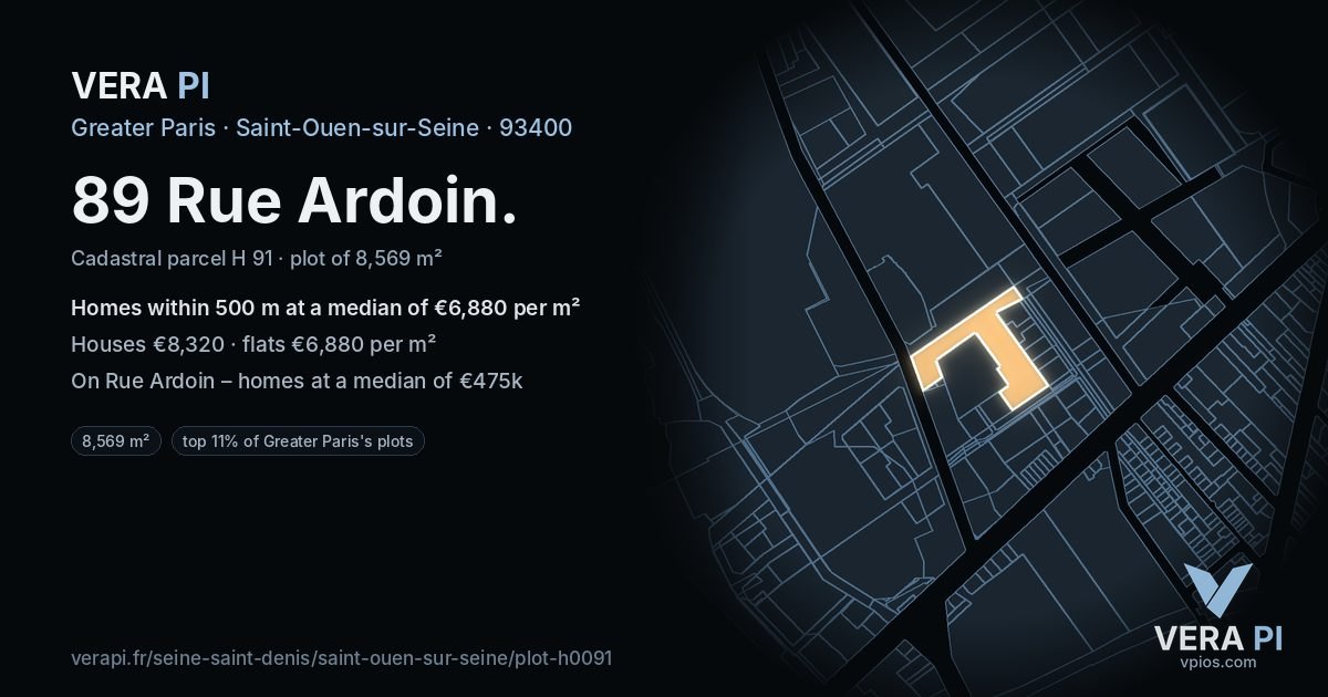 89 Rue Ardoin, Saint-Ouen-sur-Seine at night – the plot lit, the parcels around coloured by the prices near them
