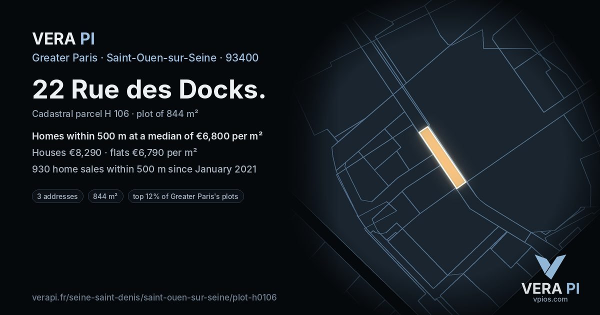 22 Rue des Docks, Saint-Ouen-sur-Seine at night – the plot lit, the parcels around coloured by the prices near them