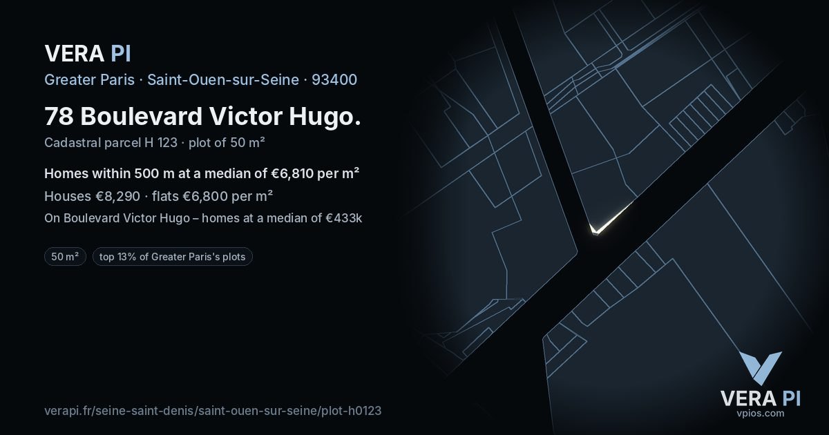 78 Boulevard Victor Hugo, Saint-Ouen-sur-Seine at night – the plot lit, the parcels around coloured by the prices near them