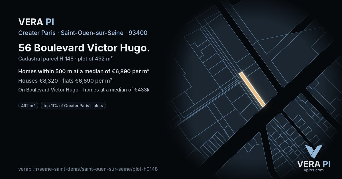 56 Boulevard Victor Hugo, Saint-Ouen-sur-Seine at night – the plot lit, the parcels around coloured by the prices near them
