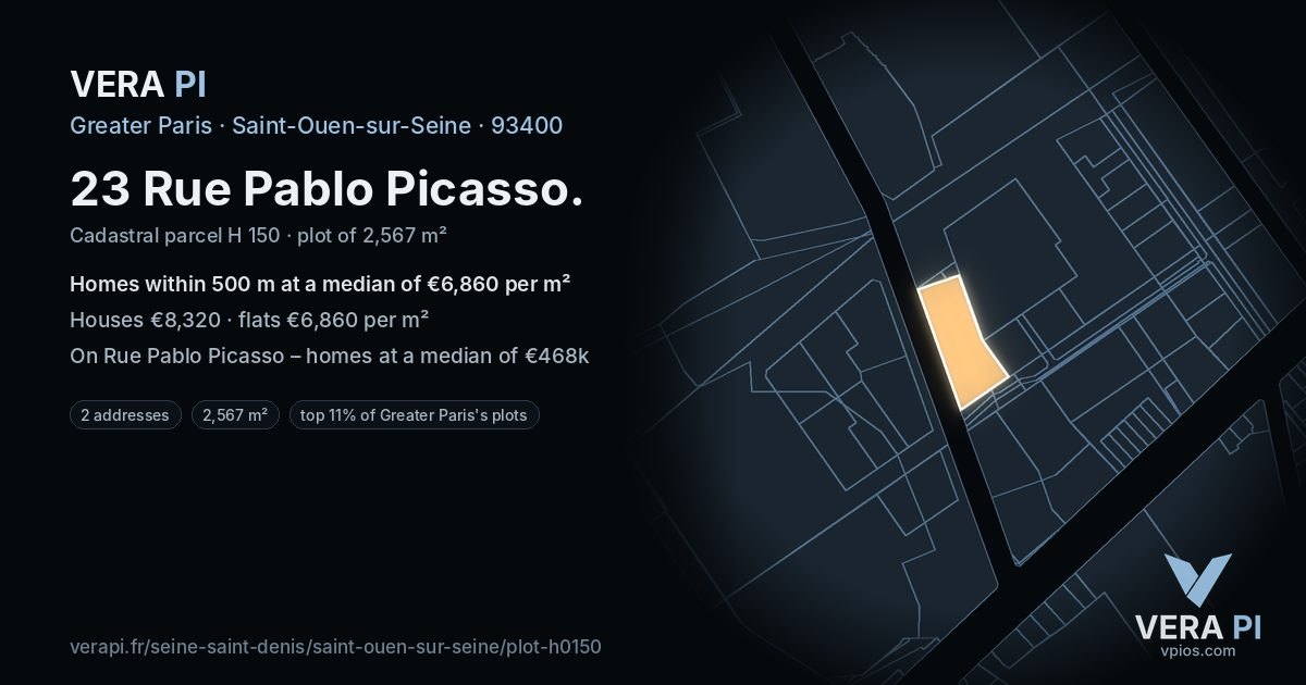 23 Rue Pablo Picasso, Saint-Ouen-sur-Seine at night – the plot lit, the parcels around coloured by the prices near them
