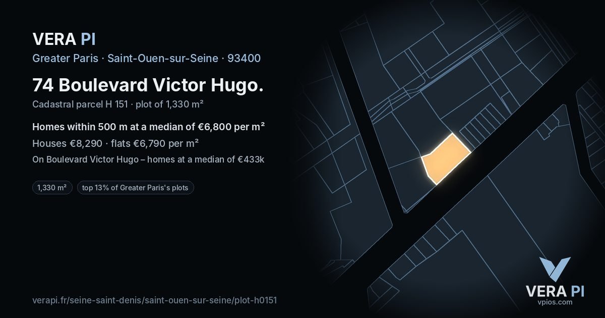 74 Boulevard Victor Hugo, Saint-Ouen-sur-Seine at night – the plot lit, the parcels around coloured by the prices near them