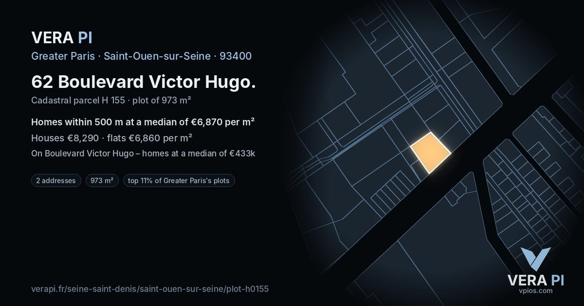 62 Boulevard Victor Hugo, Saint-Ouen-sur-Seine at night – the plot lit, the parcels around coloured by the prices near them