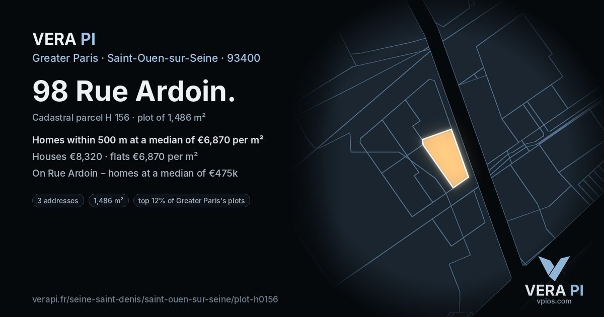 98 Rue Ardoin, Saint-Ouen-sur-Seine at night – the plot lit, the parcels around coloured by the prices near them