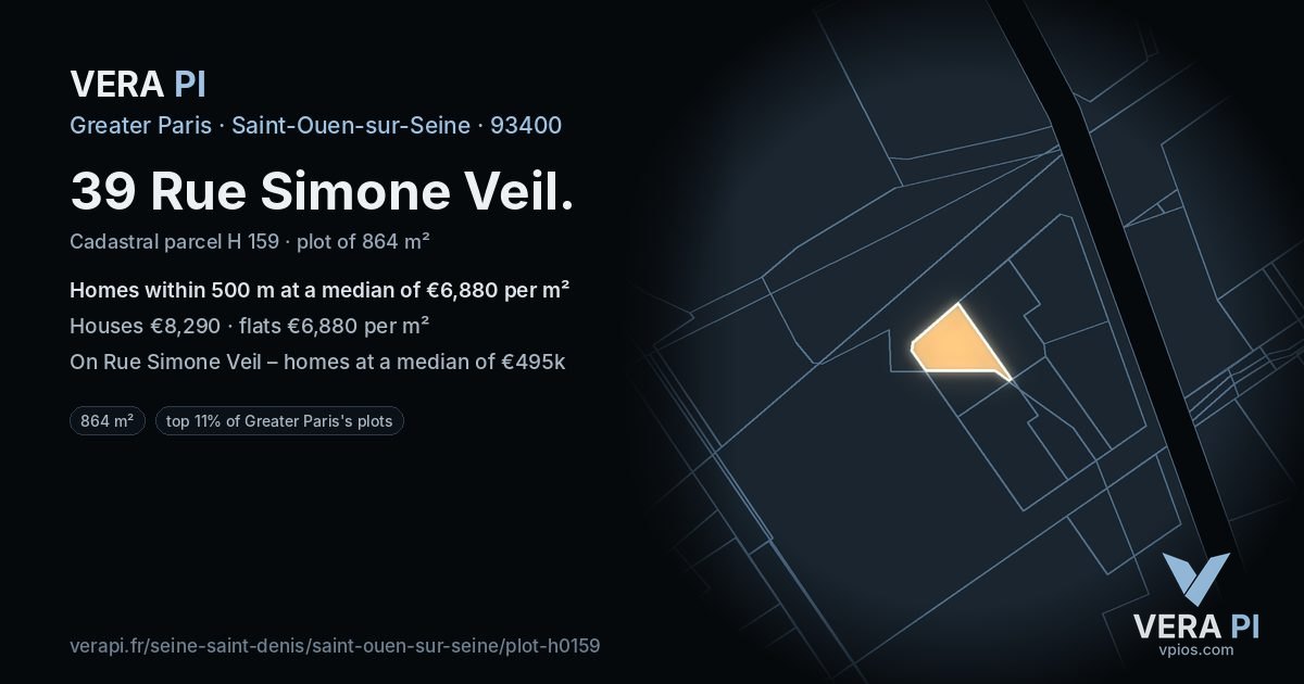 39 Rue Simone Veil, Saint-Ouen-sur-Seine at night – the plot lit, the parcels around coloured by the prices near them