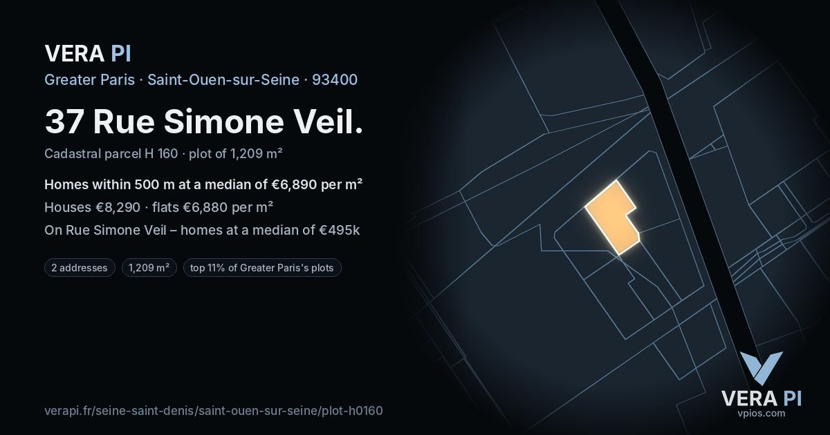 37 Rue Simone Veil, Saint-Ouen-sur-Seine at night – the plot lit, the parcels around coloured by the prices near them