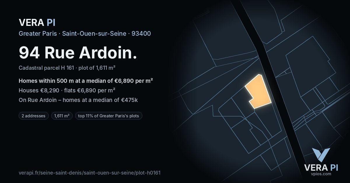 94 Rue Ardoin, Saint-Ouen-sur-Seine at night – the plot lit, the parcels around coloured by the prices near them
