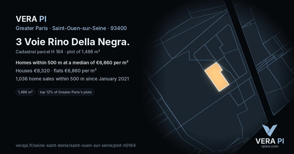 3 Voie Rino Della Negra, Saint-Ouen-sur-Seine at night – the plot lit, the parcels around coloured by the prices near them