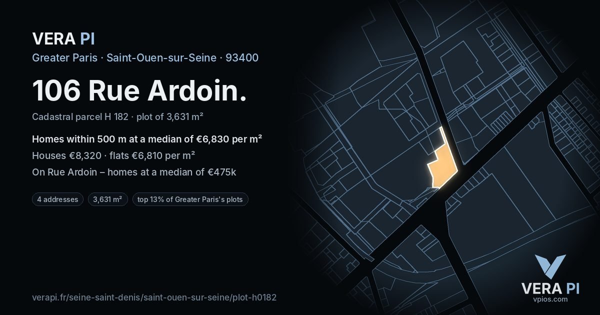 106 Rue Ardoin, Saint-Ouen-sur-Seine at night – the plot lit, the parcels around coloured by the prices near them