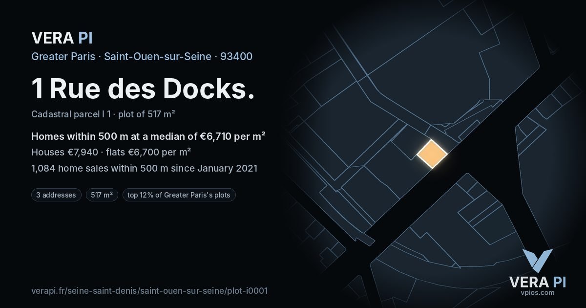 1 Rue des Docks, Saint-Ouen-sur-Seine at night – the plot lit, the parcels around coloured by the prices near them
