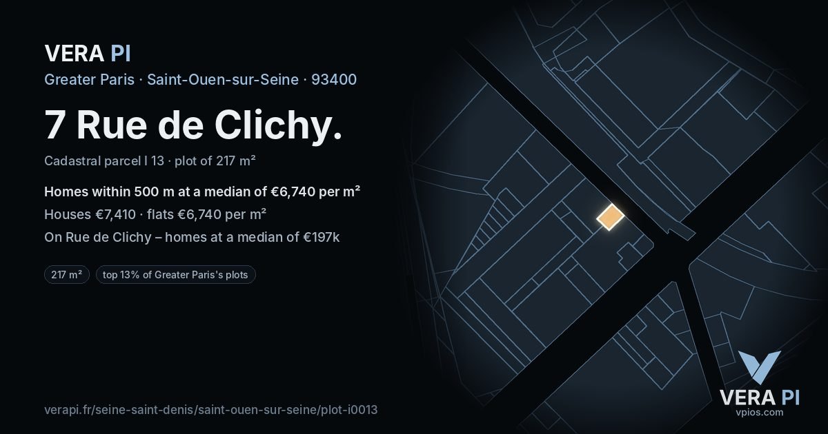 7 Rue de Clichy, Saint-Ouen-sur-Seine at night – the plot lit, the parcels around coloured by the prices near them